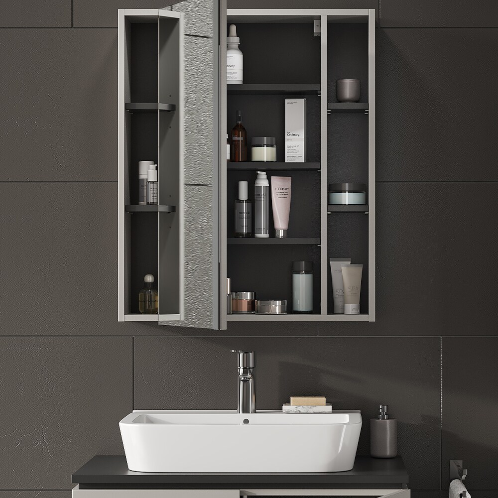 Vicco Spiegelschrank Gerta, 65 x 80 cm, Grau-Schwarz, Badezimmerschrank mit Spiegel