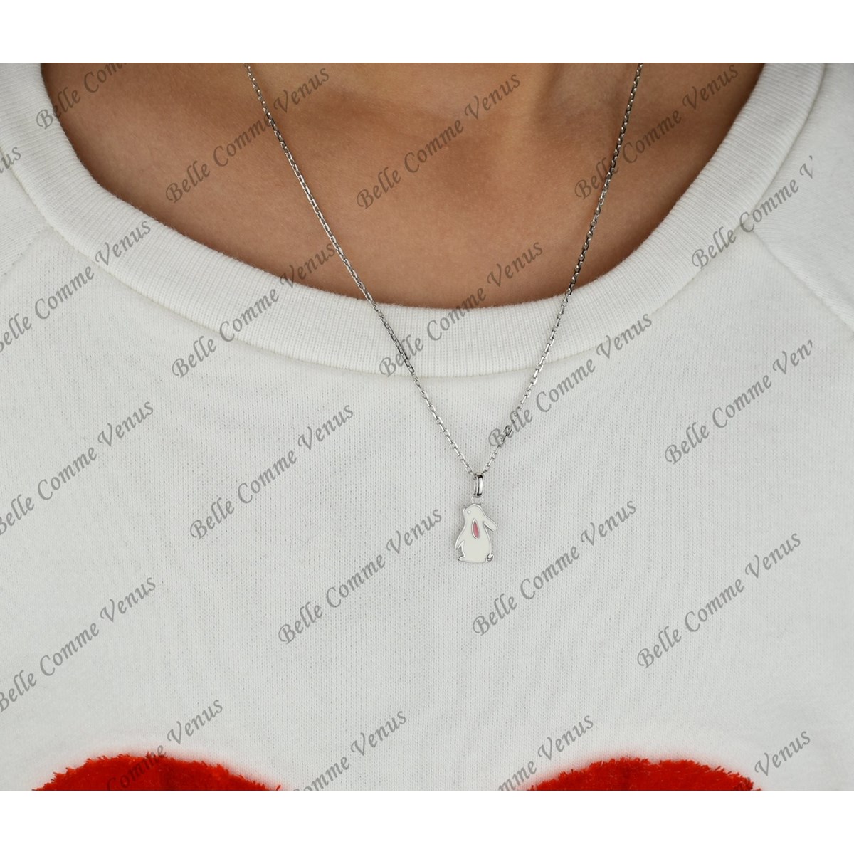 Collier lapin émail blanc et rose Argent 925 Rhodié