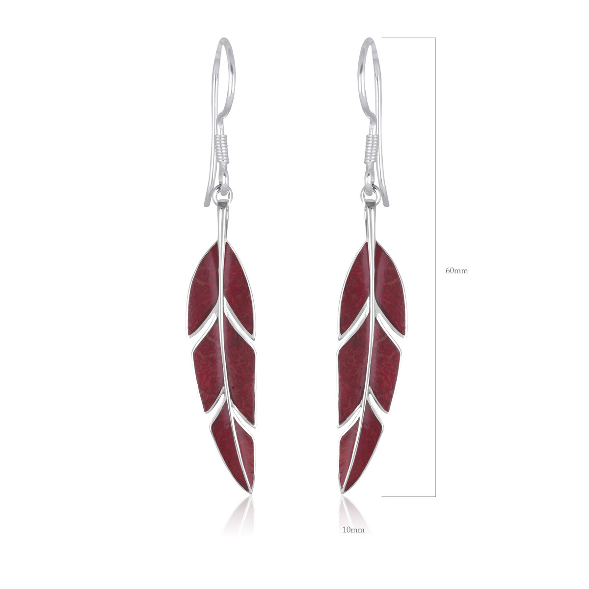 Bijoux de créateurs en argent, des boucles d'oreille-corail rouge-feuilles de bananier-Femme-rouge-disponible en parure avec le pendentif assorti