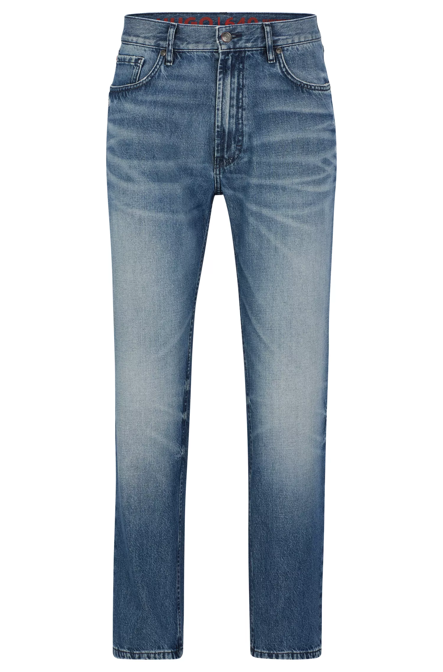 Calça jeans HUGO vermelha, corte regular, em denim rígido azul.