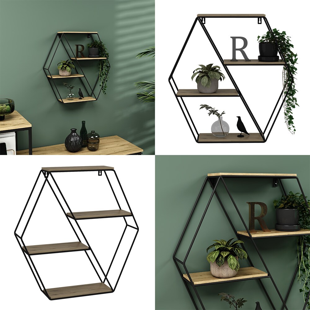 Vicco Wandregal Fyrk, hexagon, 51 x 52 cm, Eiche Schwarz, Metall, Hängeregal, Industrial