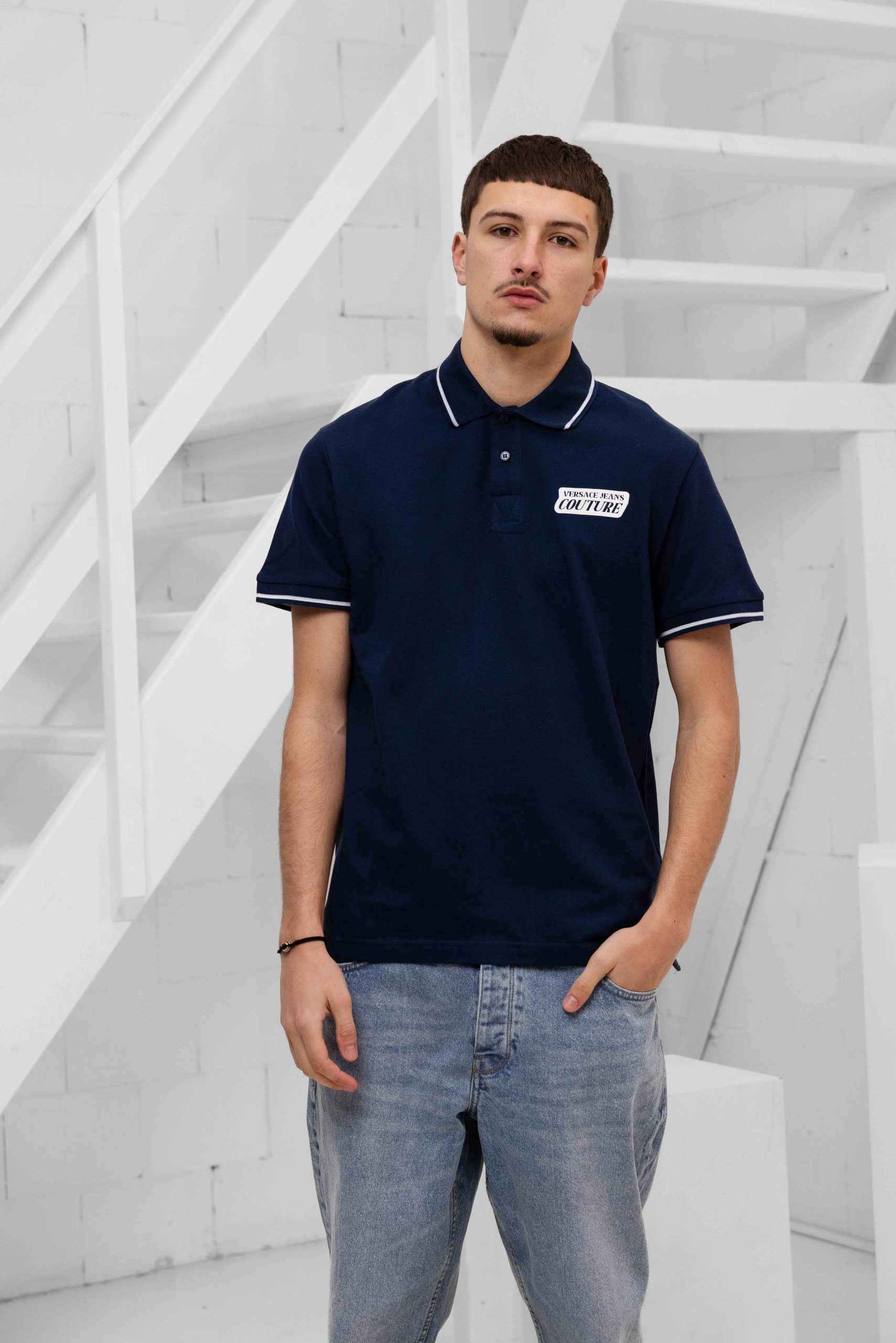 Versace Jeans Couture Square Logo Print Polo Heren Donkerblauw