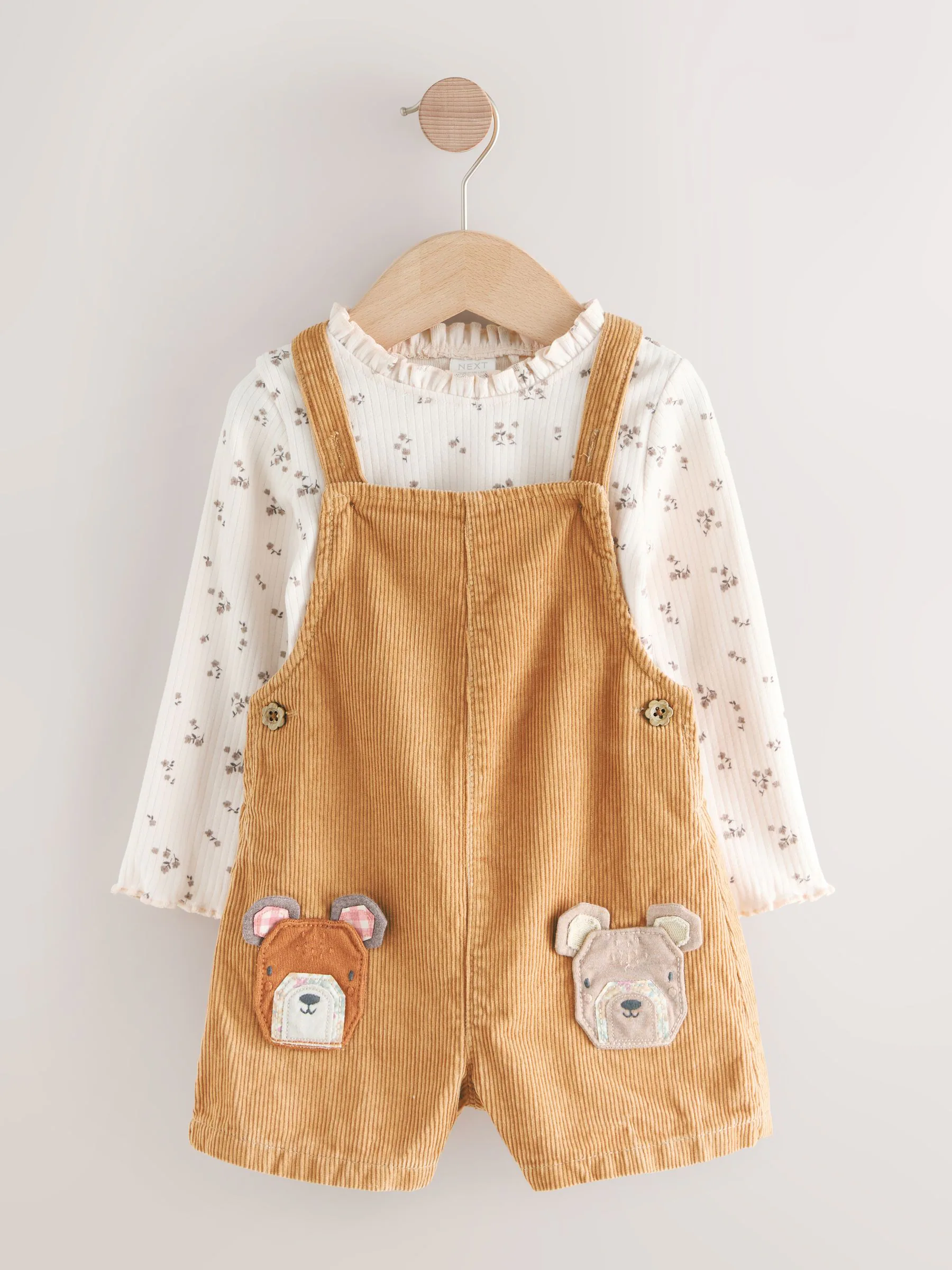 Lichtbruin - Corduroy set met tuinbroek en berenprint (3mnd -7jr)