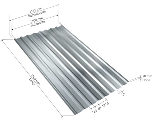 PRECIT trapeziumplaat W20 Aluzink 2500 mm x 1135 mm x 0,5 mm