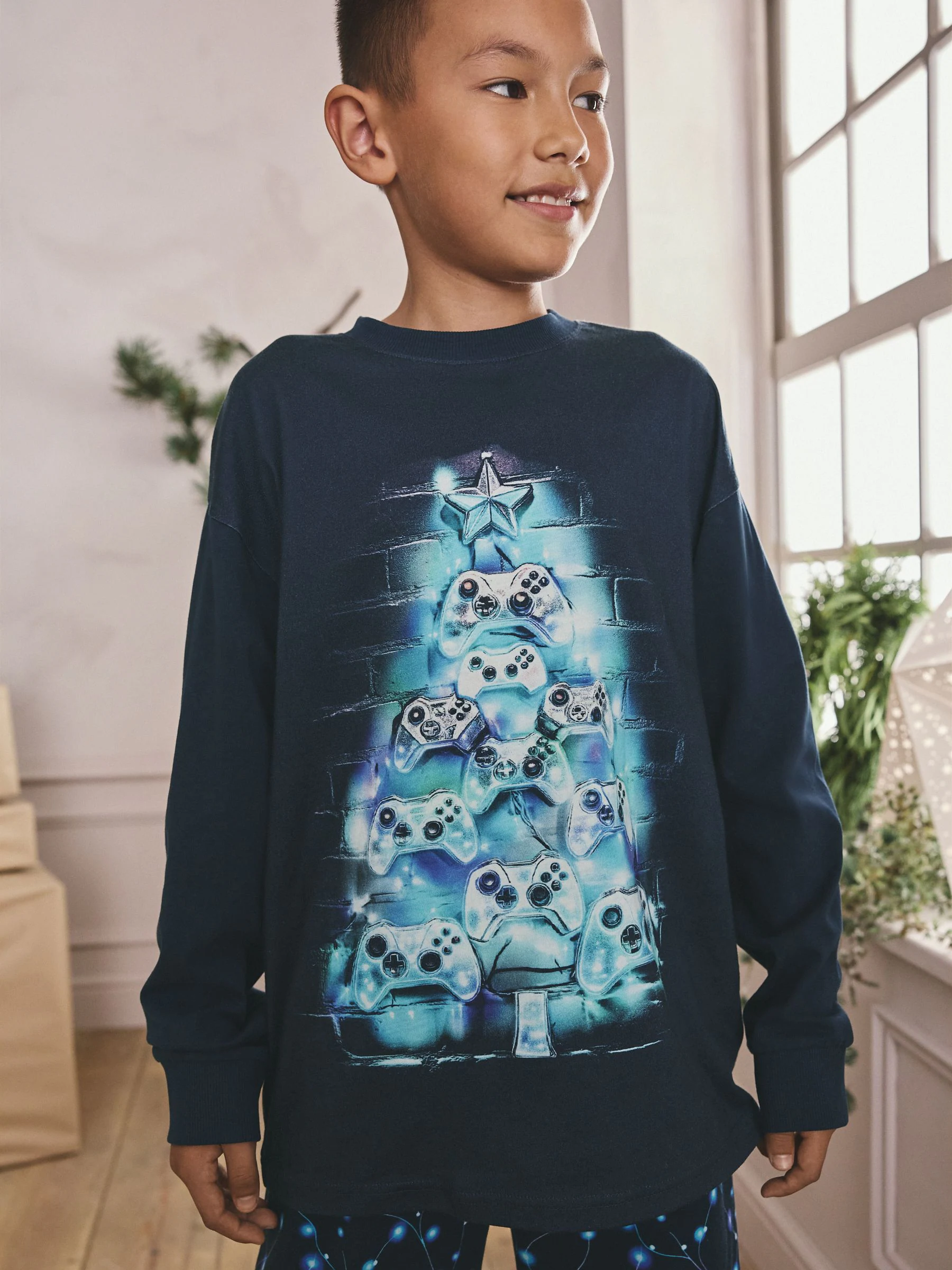 Navy/Blue Gamer Tree - Enkele kerstpyjama (5-16jr)
