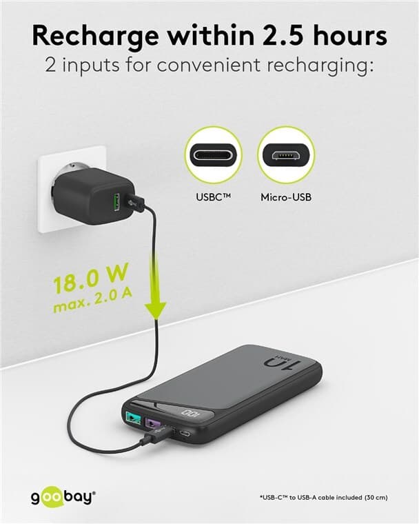 Goobay Hurtig opladning Powerbank 10.000 mAh (USB-C™ PD, QC 3.0)