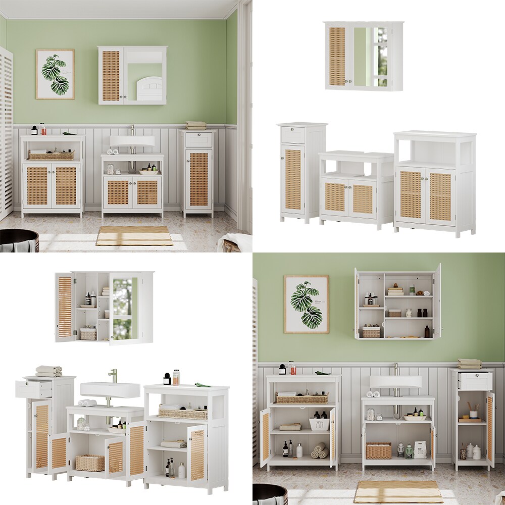 Vicco Badmöbel-Set Rosario, Weiß, moderne Serie, Badezimmer, dekorative Front, Spiegelschrank, Waschtischunterschrank, Midischrank, Sideboard