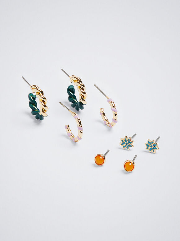 Conjunto de brincos com pedra - Multicolorido