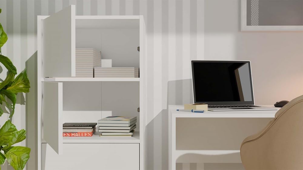 CDF Kommode Schrank Hochschrank mit 4 Türen und Einlegeböden IDEAL FÜR Wohnzimmer -KOMPAKT & MODERN | STABIL & VIELSEITIG | Weiß