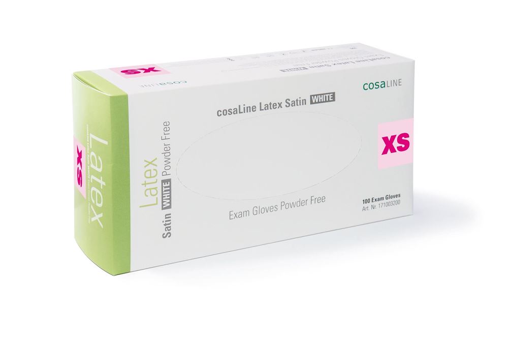 COSALINE Untersuchungshandschuhe<br>100 Stück, XS, Latex Satin weiss puderfrei