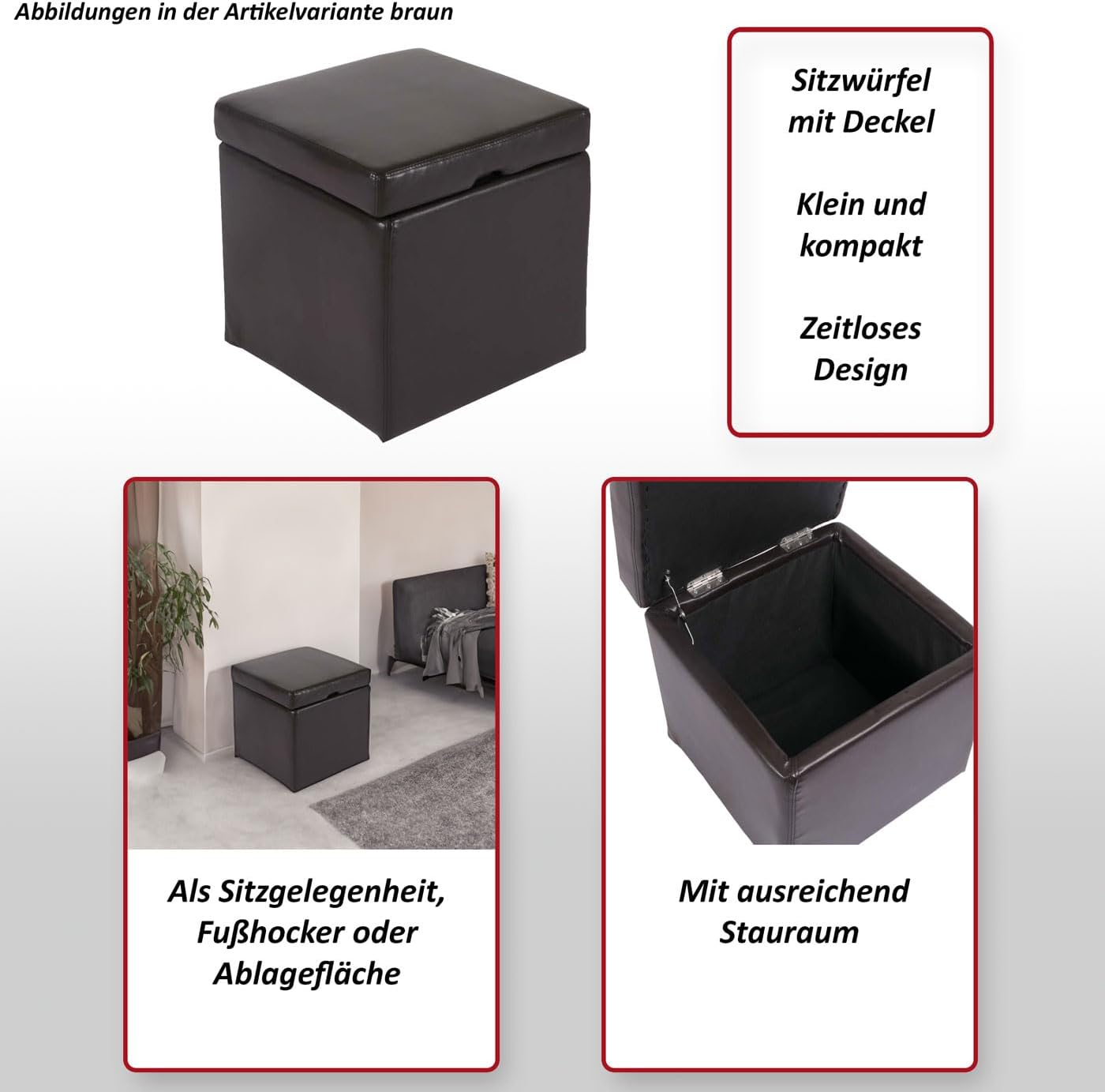 Mendler Hocker Sitzwürfel Sitzhocker Aufbewahrungsbox Onex, mit Deckel, Leder + Kunstleder, 45x44x44cm MVG - braun