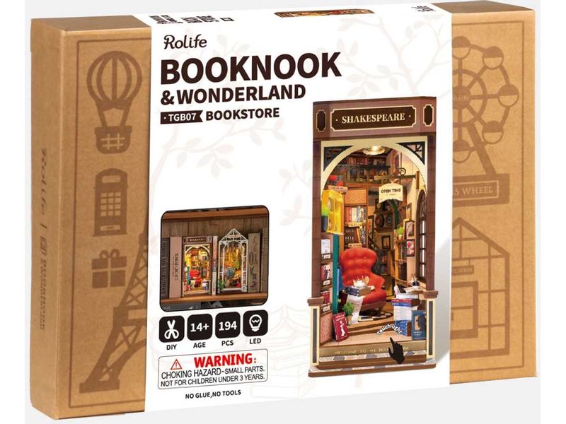 RoboTime Bausatz Book Nook Shakespeare's Bookstore 3D-Puzzle aus lasergeschnittenen Holzteilen