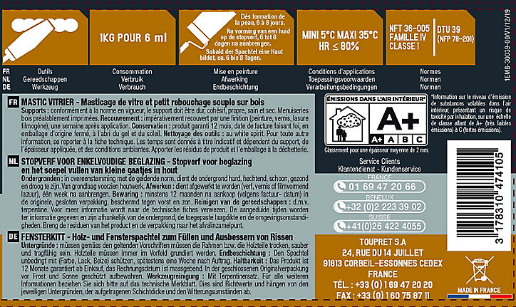 Mastic vitrier blanc Toupret pot 1 kg