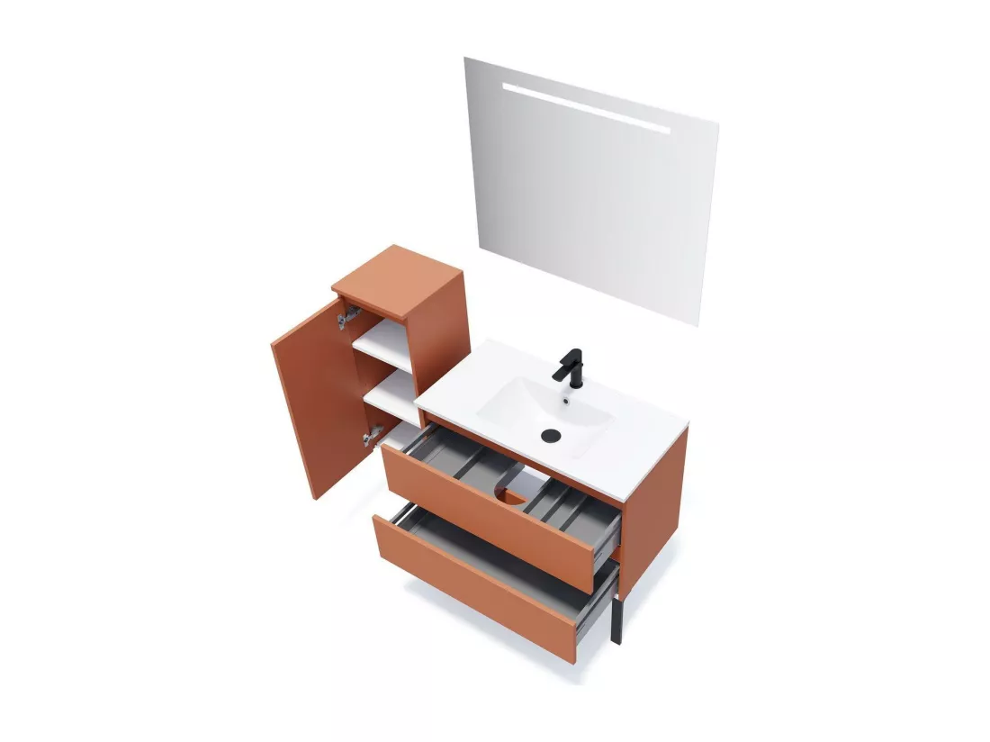 Meuble de salle de bain suspendu vasque intégrée 90cm 2 tiroirs Terracotta - Hudson
