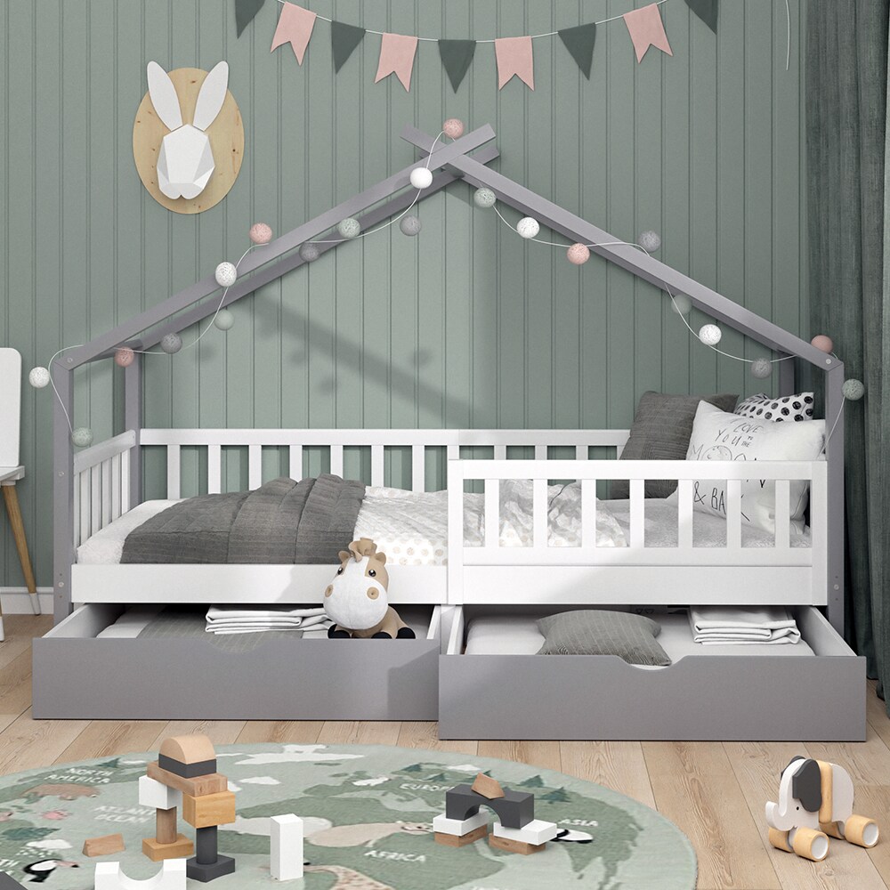 VitaliSpa Kinderbett Hausbett Einzelbett Design Weiß Grau modern 90x200 cm Kinderzimmer Bett Massivholz Lattenrost Schublade Rausfallschutz Schubladenbett