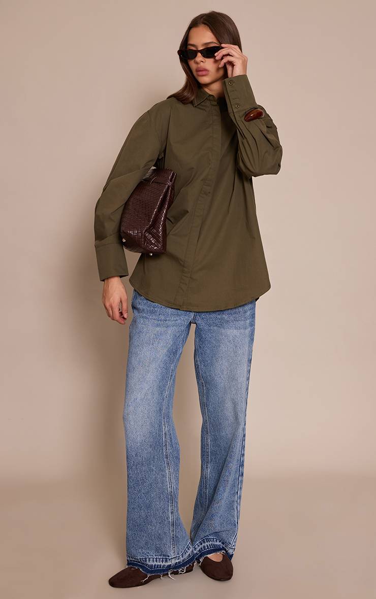 Dark Khaki Chemise En Coton À Poignets Surdimensionnés