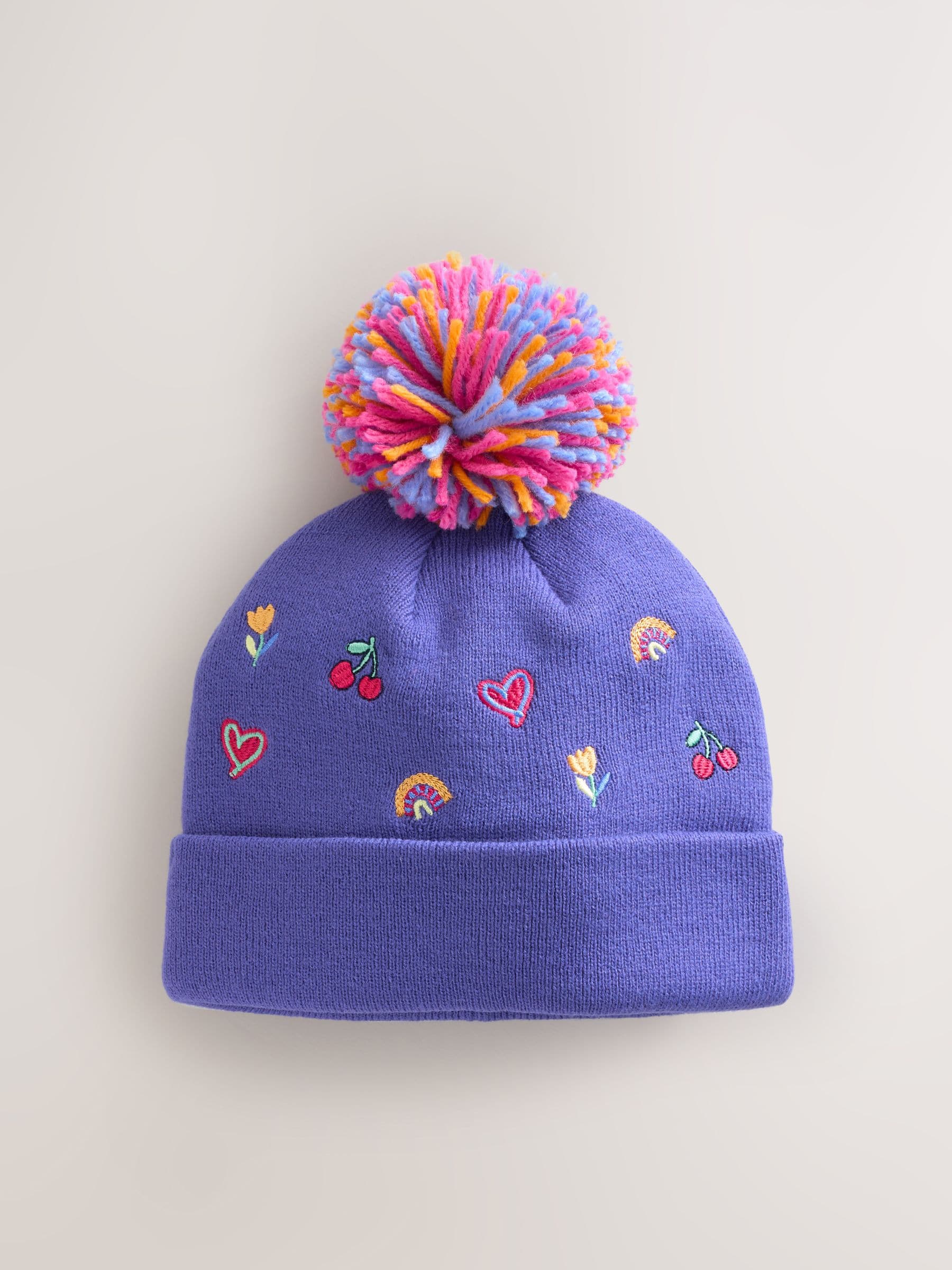 Multi - Geborduurde Beanie-muts met pompon (3mnd-10jr)