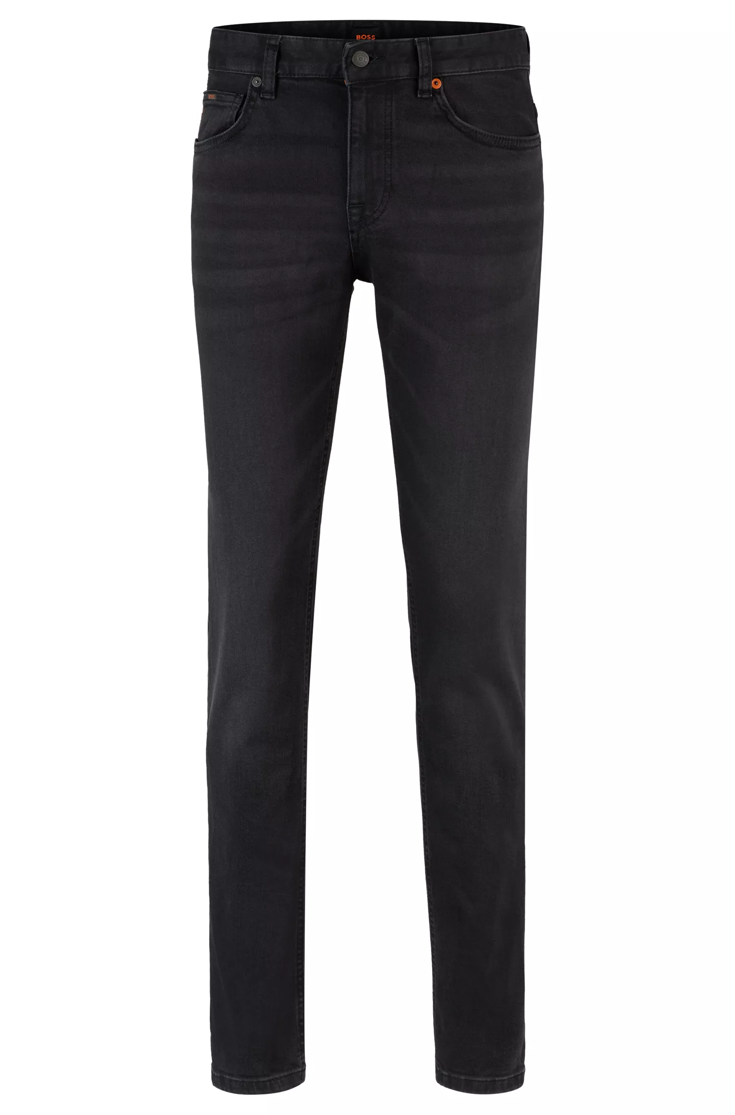 Calça jeans BOSS laranja, corte slim, em denim preto super elástico.