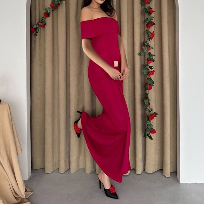 Alizio - Maxi-jurk met korte mouwen en off-shoulderprint en ruches