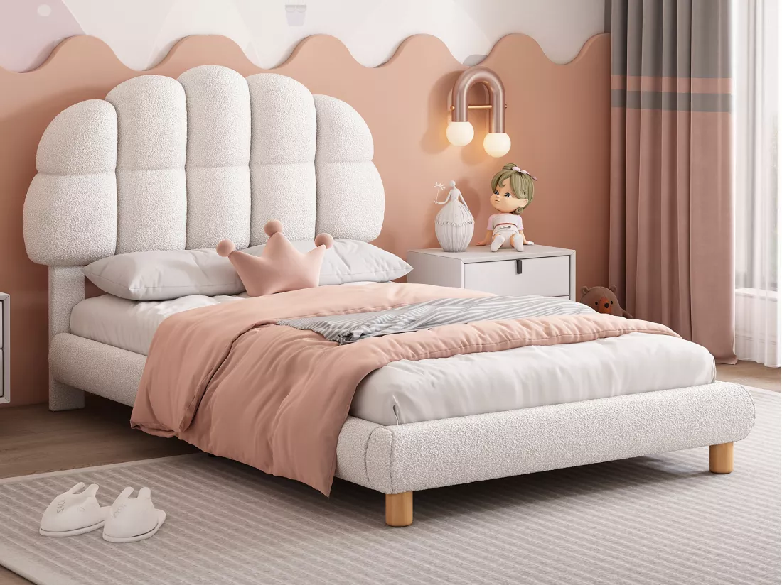 Lit simple 90 x 200 cm avec tête de lit en motif carré, Sommier à lattes en bois, Velours, Blanc