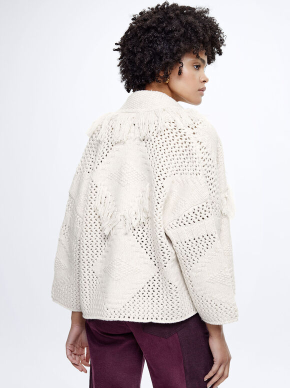Cardigã de tricô com franjas - Branco-creme