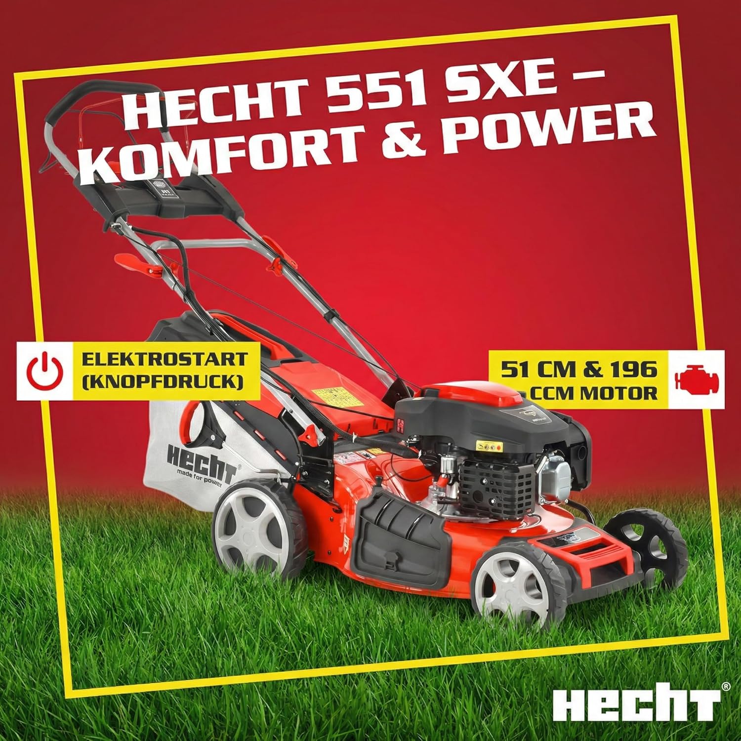 HECHT 5-IN-1 Benzin Rasenmäher – leistungsstarker 4 Takt Motor 4,0 kW (5,5 PS) – Elektrostart – 51 cm Schnittbreite – 65 l Fangkorb – Radantrieb – patentierte Räder – Mulchmäher Rasenmäher