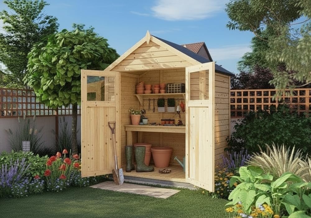 Gerätehaus Alisha aus Fichten-Holz, Gartenhaus mit 14mm Wandstärke, Holzhaus inklusive Montagematerial, Geräteschuppen Größe: 202 x 131 cm, Satteldach