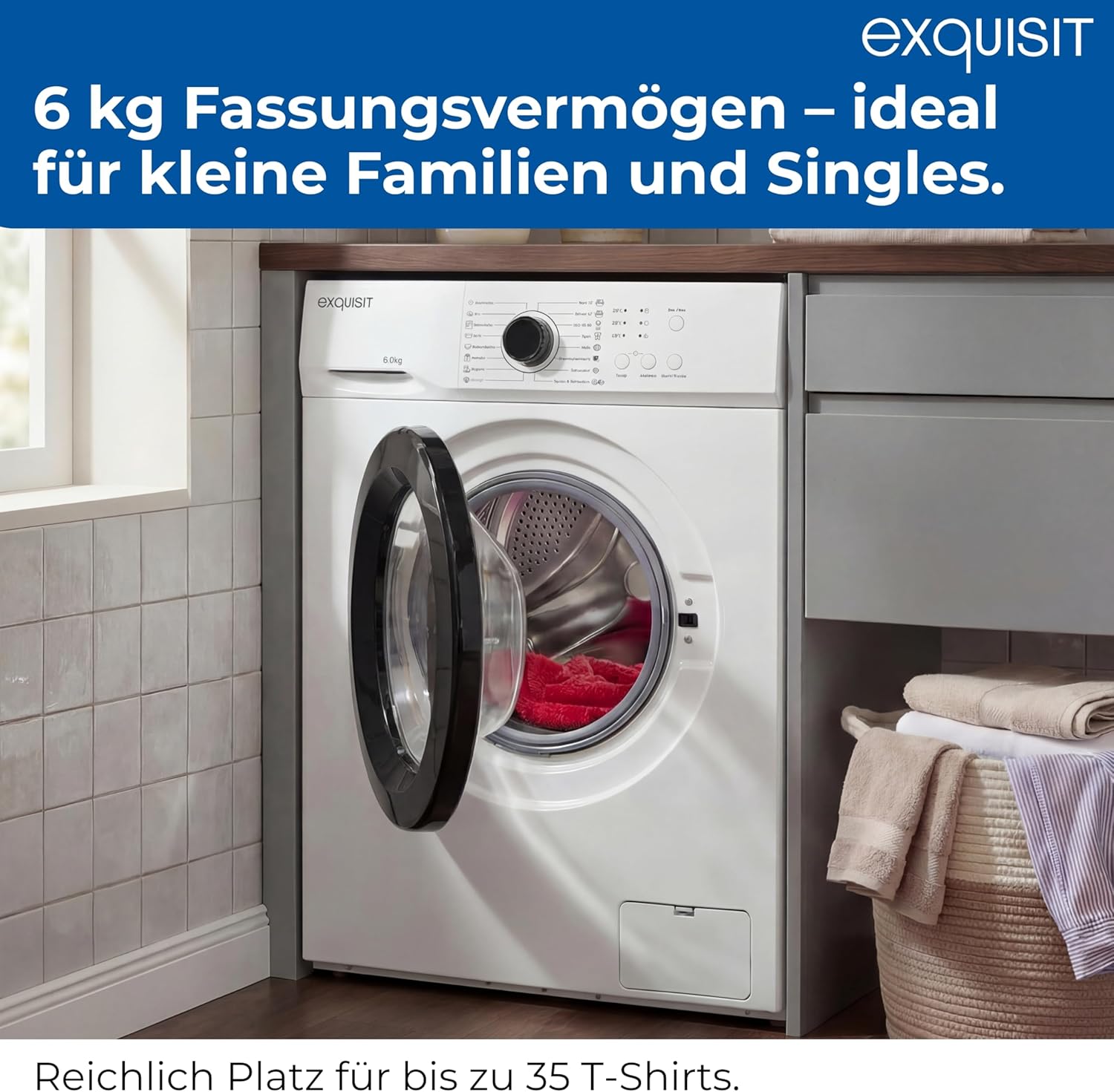 Exquisit Waschmaschine | 6 kg Nennkapazität, 1000 U/Min, Energieklasse A, 76 dB(A), 85 x 60 x 44 cm | 16 Programme, Eco 40-60, Kurzprogramm, manuelle Temperaturwahl, Aquastop | WA56110-020A weiss
