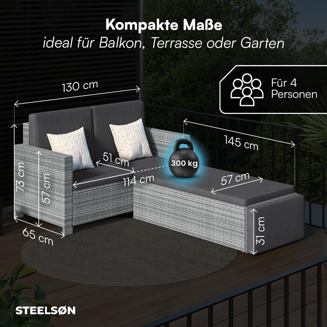 STEELSØN Gartenbank Elnath aus Polyrattan, Gartensofa für 2 Personen mit Liegefunktion und Hocker 2er Sofa mit Polster wetterfest, Terrassenmöbel in grau-meliert/anthrazit 73x65x130 cm (HxTxB)