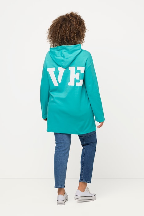 Long-Sweatjacke, Schriftmotiv, Kapuze, Knotenband