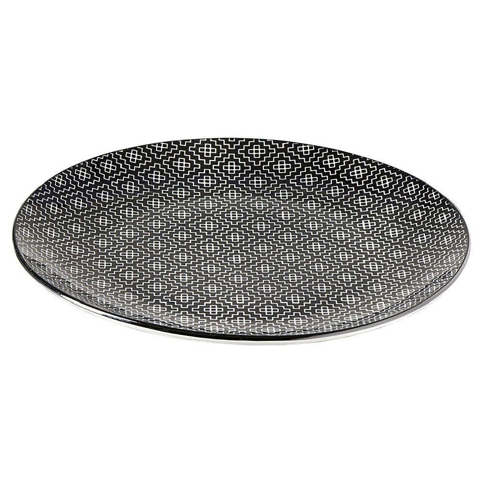 Assiette plate ronde motif géométrique noir et blanc