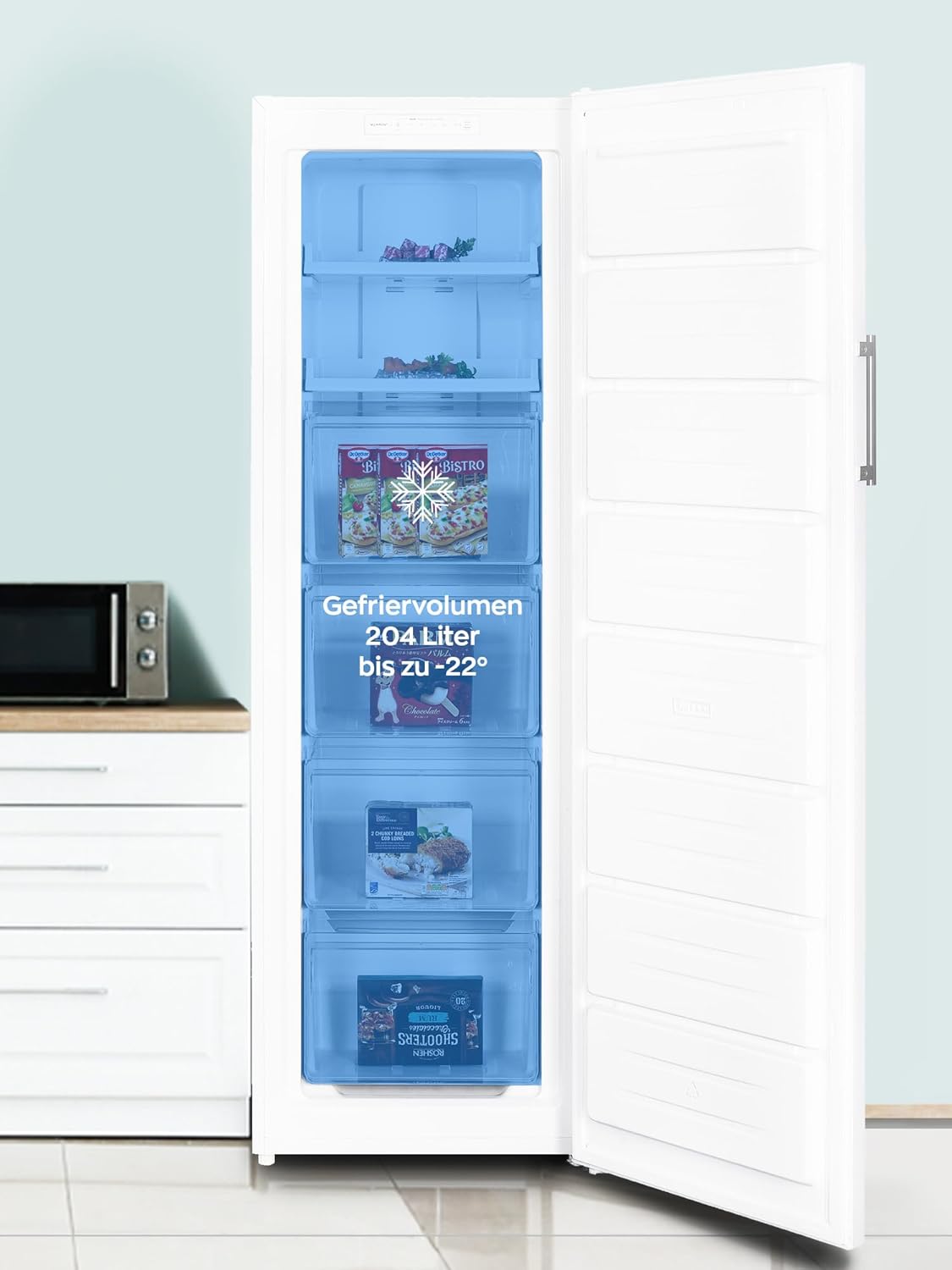 Heinrich´s Gefrierschrank 204L Temperatur: -14°C~-22°C, Volumen, Freezer, No-Frost Schutz, 4x Gefrierschubladen, 2x Schubfächer, LED-Display, wechselbarer Türanschlag, Alarmfunktion (weiß)