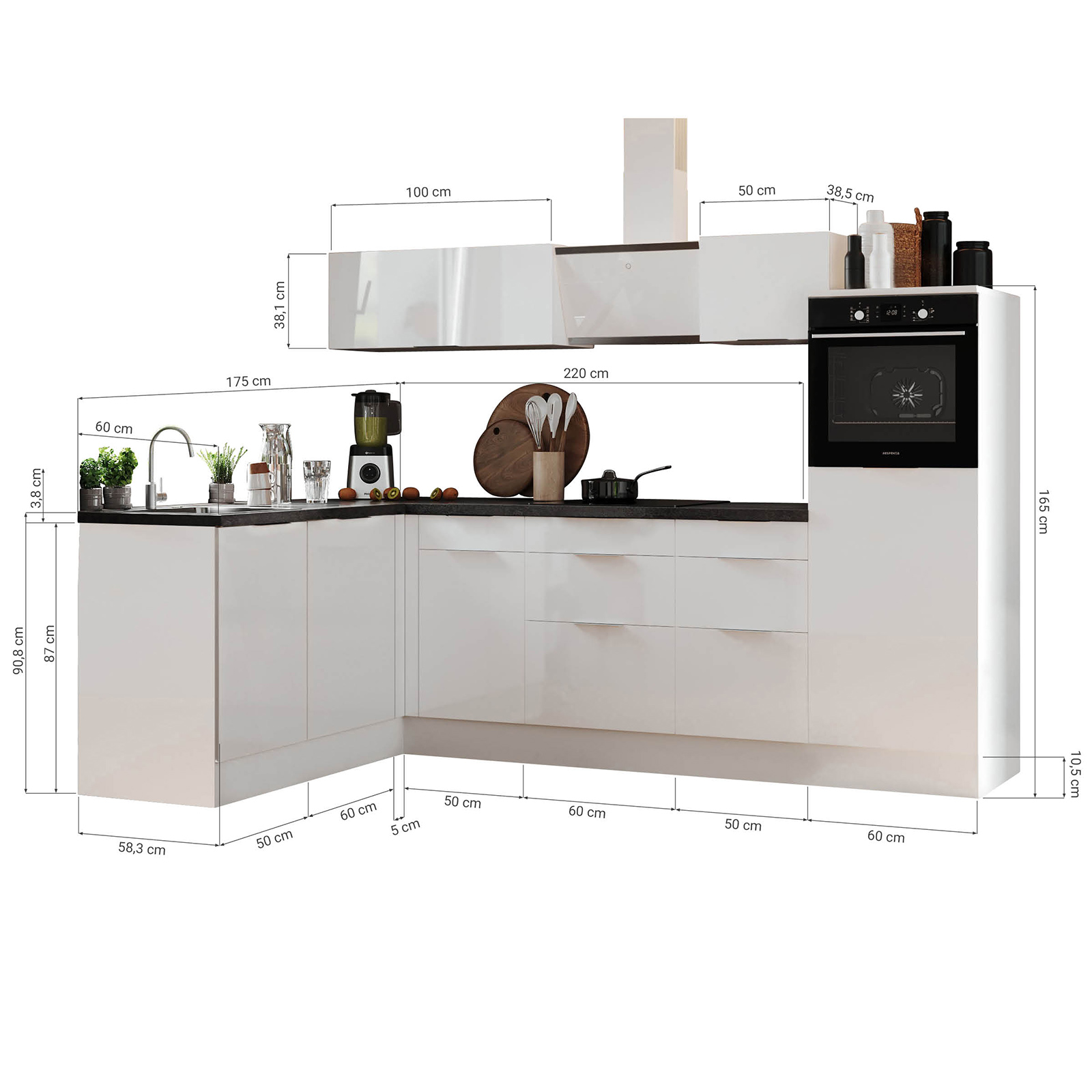 RESPEKTA Winkelküche - grau matt - mit E-Geräten - 280x175 cm