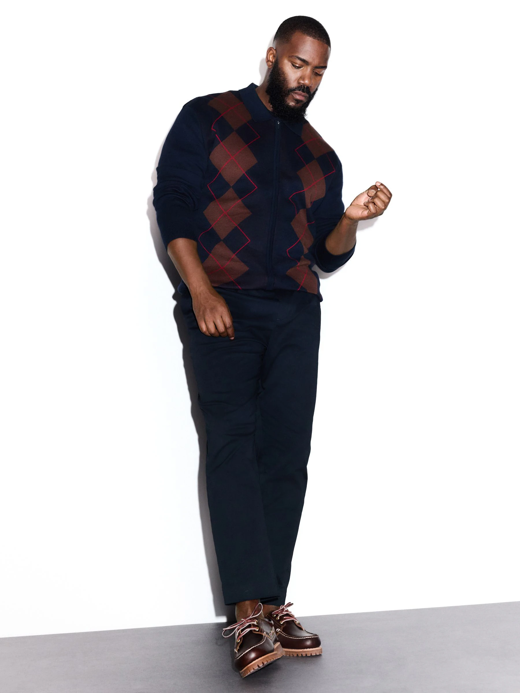 Donkerblauw - Regular Fit Argyle Pattern Collared Zip Through Cardigan