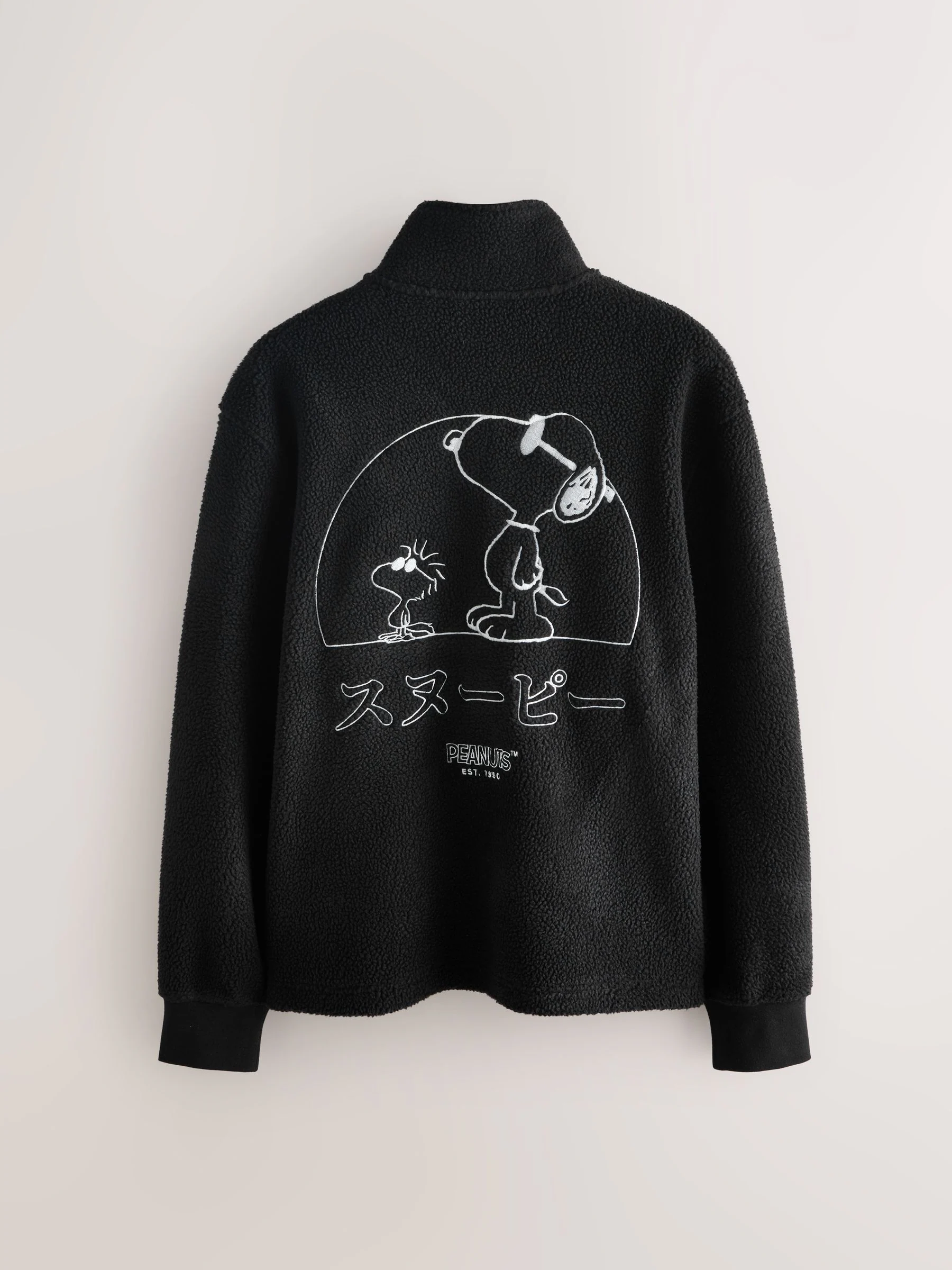 Zwart - Snoopy fleece met korte rits en licentieprint op de achterkant