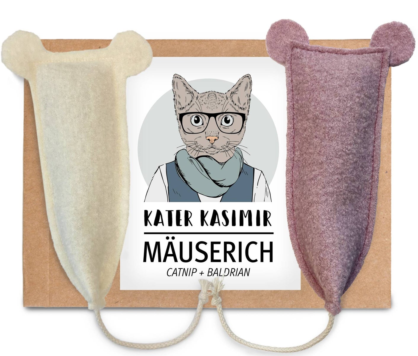 XL kattenspeelgoedmuizen in een verpakking van twee: met heerlijke kattenkruid en betoverende valeriaan. Handgenaaide kattenspeelgoedmuizen van zuiver scheerwol.