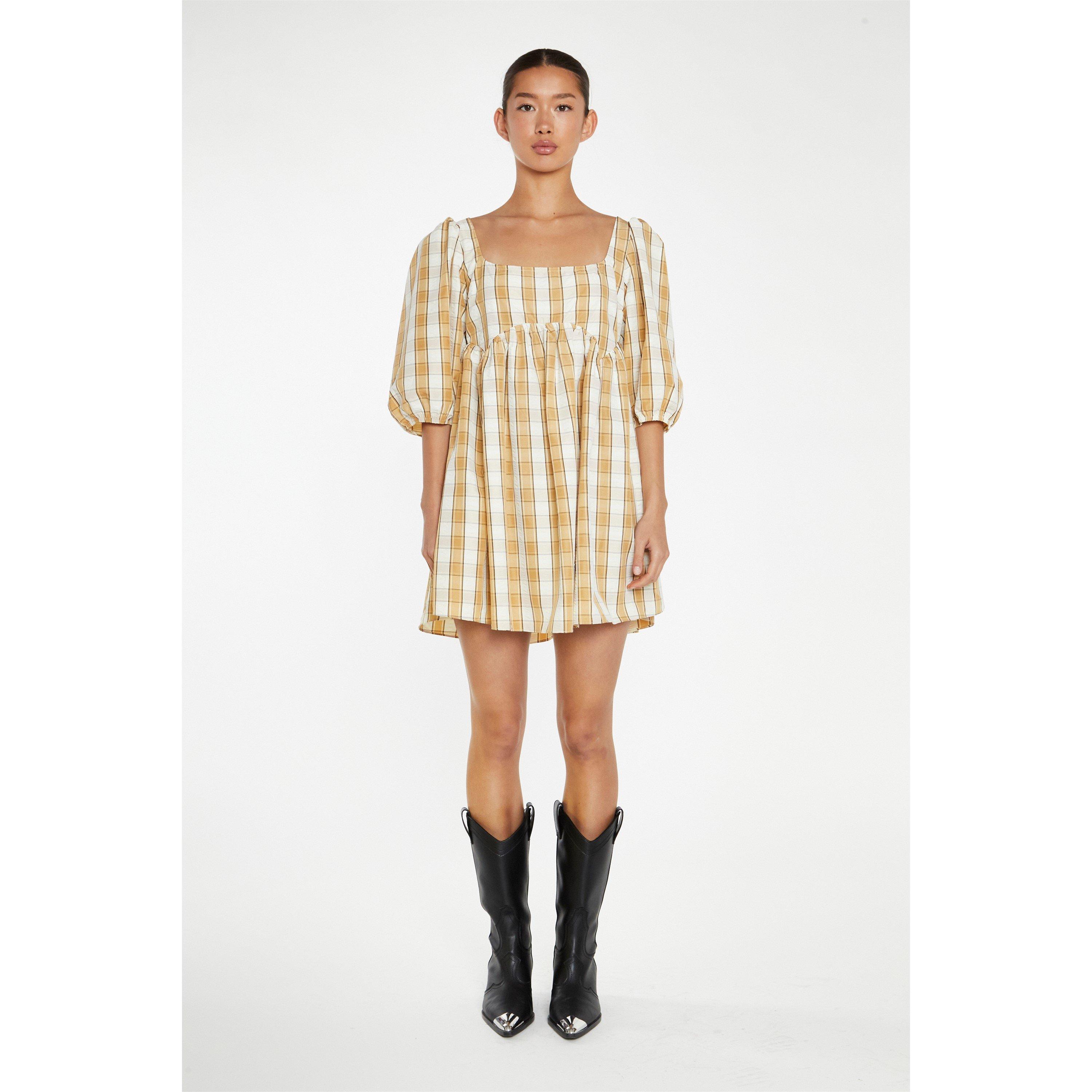 Glamorous Beige Cream Check Square Neck Smock Mini Dress