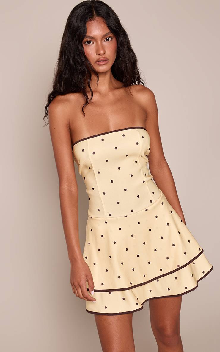 Jaune Robe Droite Étagée À Pois Contrastés En Tissu Extensible