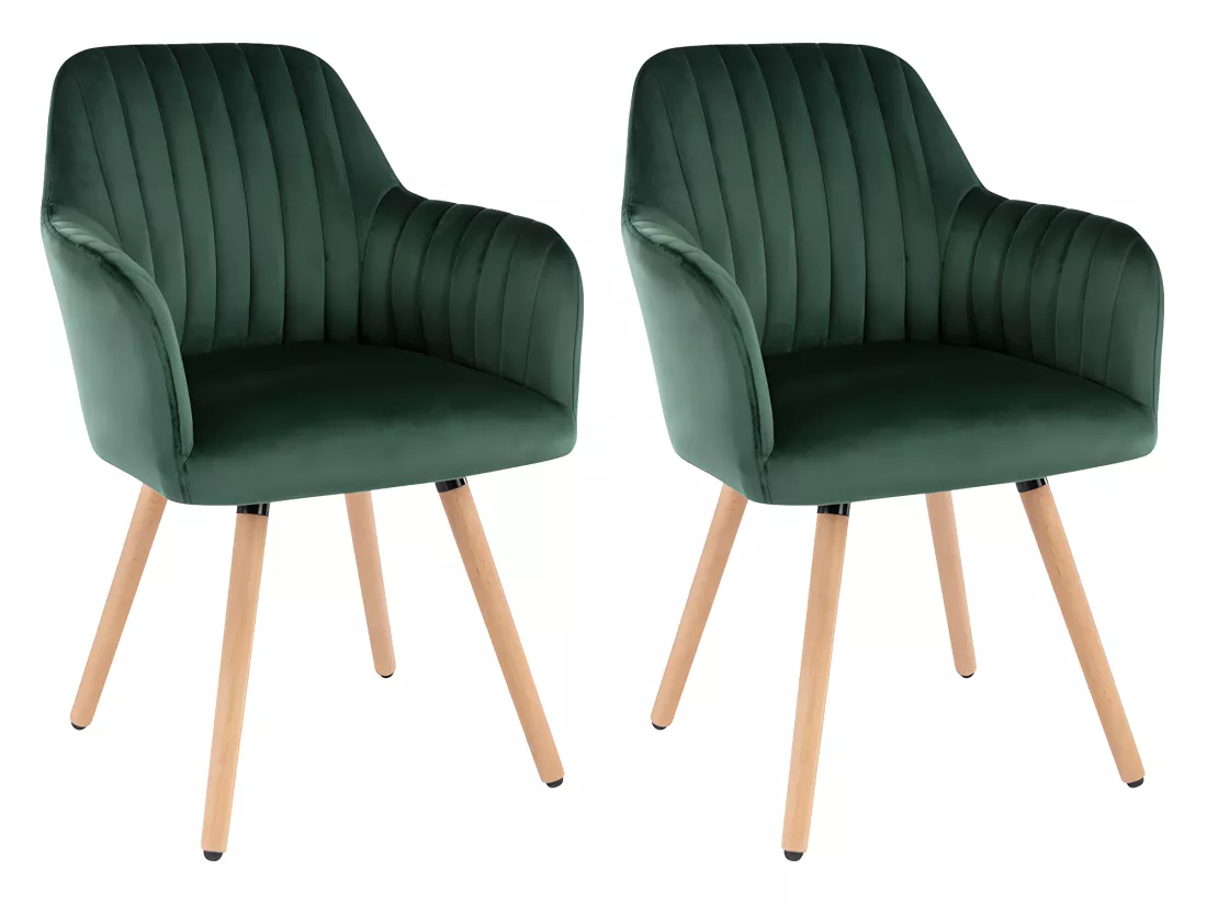 Lot de 2 chaises avec accoudoirs en velours et métal effet bois - Vert foncé - ELEANA