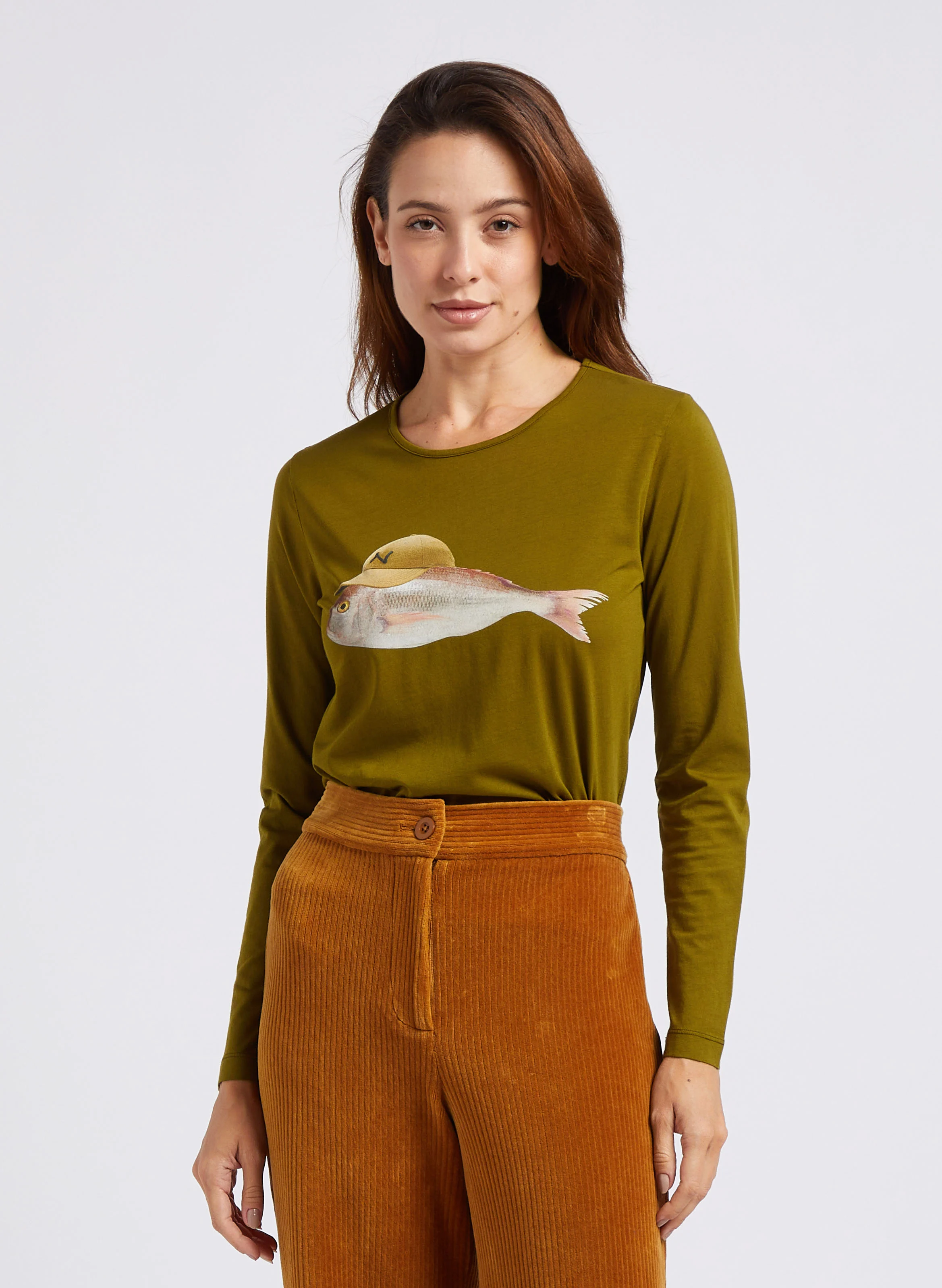 Tee-shirt droit col rond en coton | Kaki