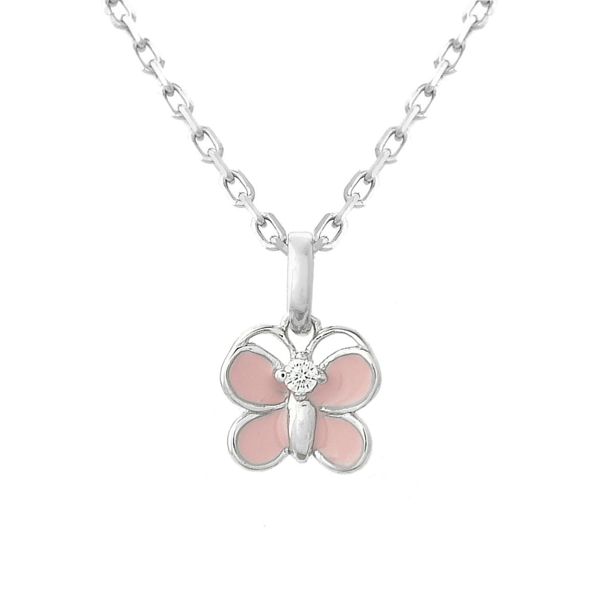 Collier papillon émail rose et oxyde de zirconium Argent 925 Rhodié