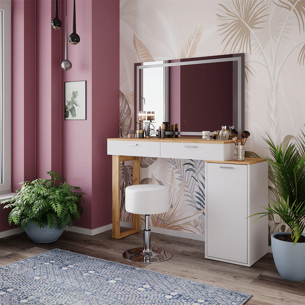 Vicco Schminktisch Regina Weiß Eiche 130 cm mit LED-Spiegel und Hocker