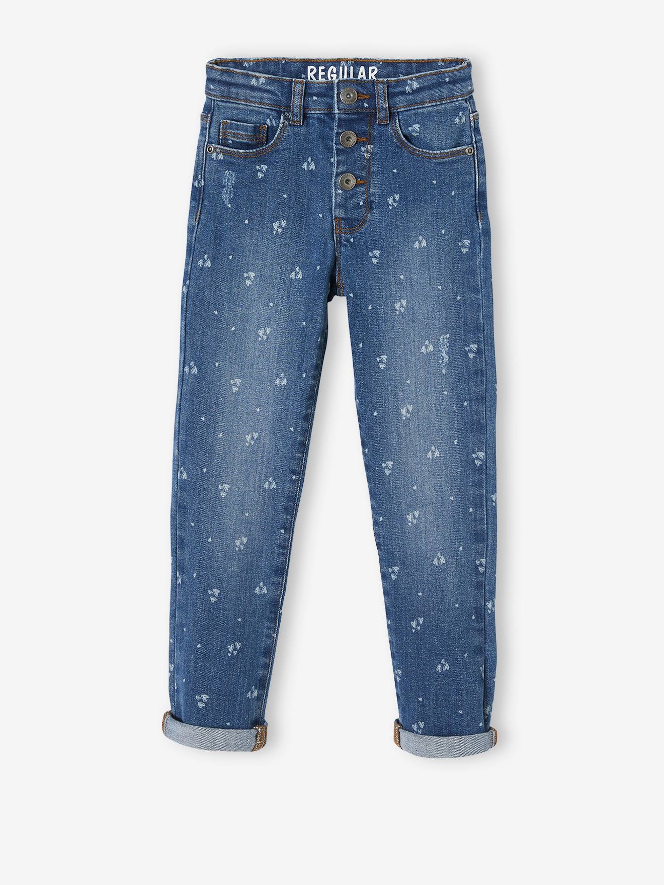 Calça jeans reta com detalhes desgastados, para menina, lavagem azul média