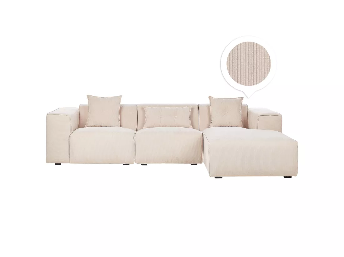 Canapé d'Angle Côté droite avec Coussins en Velours Côtelé Beige Dolva