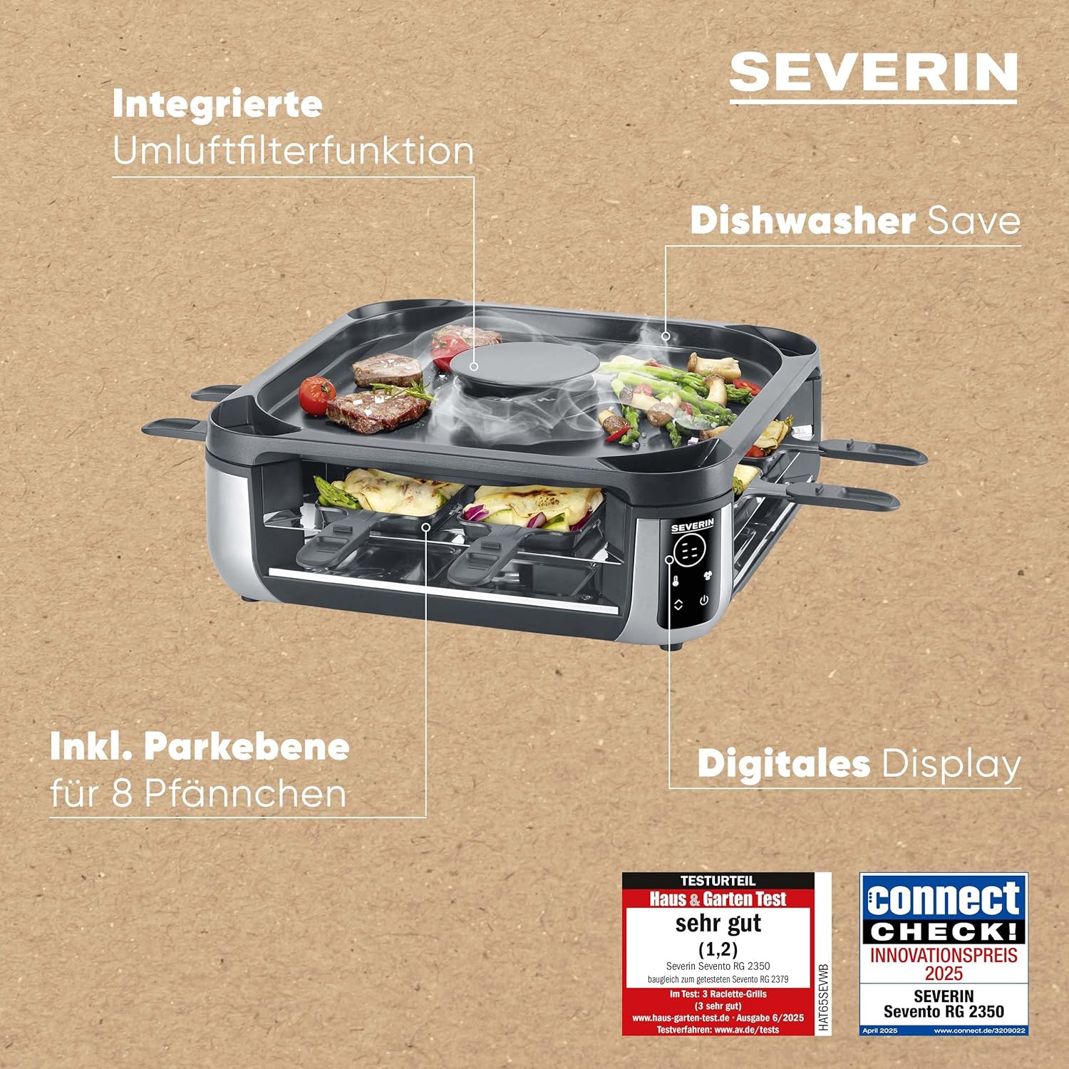 Severin S-Joy Sevento Raclette-Grill mit integriertem Umluft-Filter: weniger Rauch & Gerüche, Digital-Display, 8 Pfännchen & 8 Spatel, kratzfeste ILAG-Beschichtung, bis 230°C, 1900W, schwarz, RG 2350