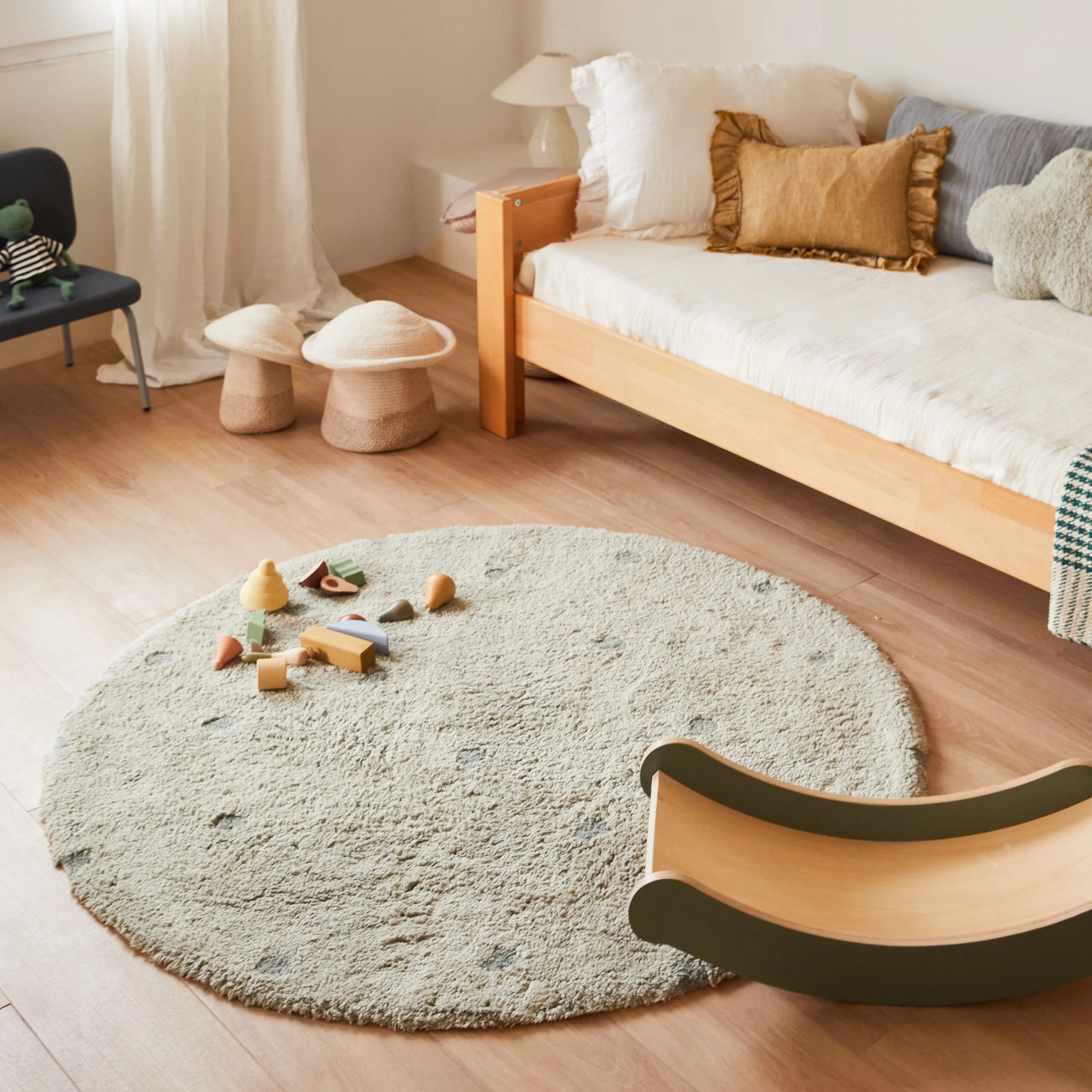 DOT - Tapis rond lavable en coton | Bleu