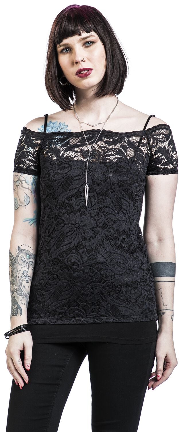 Haut en Dentelle Épaules Dénudées | Black Premium by EMP T-Shirt Manches courtes