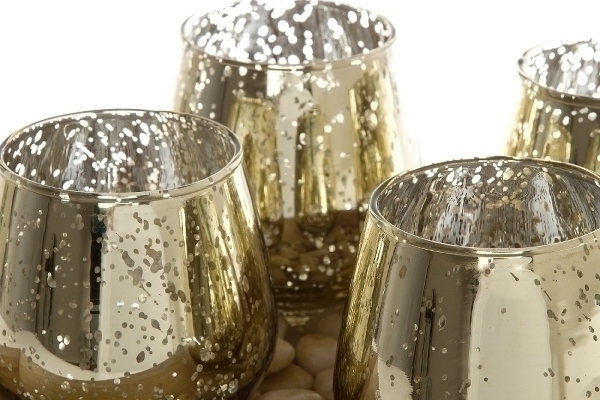 4er-Set Glaswindlichthalter - goldfarben - inklusive Holztablett