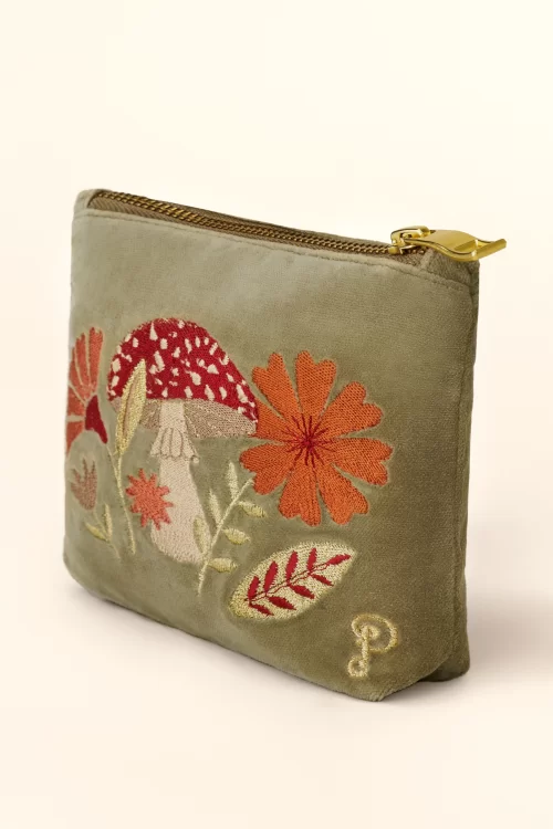 Powder Velvet Embroidered Toadstool pouch met rits