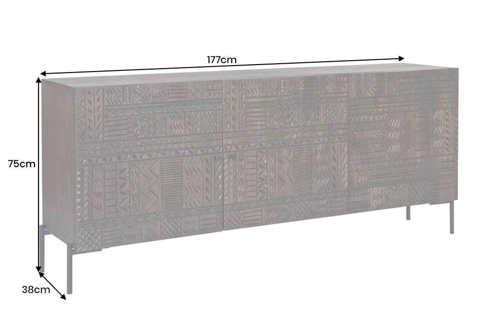Massives Sideboard TRIBAL 180cm antik braun Mangoholz 3D-Front viel Stauraum